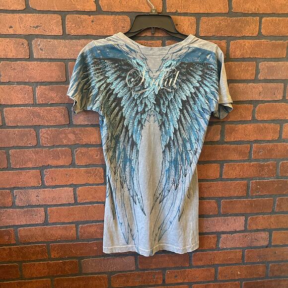 GREY & BLUE ANGEL WINGS MCBLING TRASHY Y2K SINFUL TOP - Picture 1 of 12
